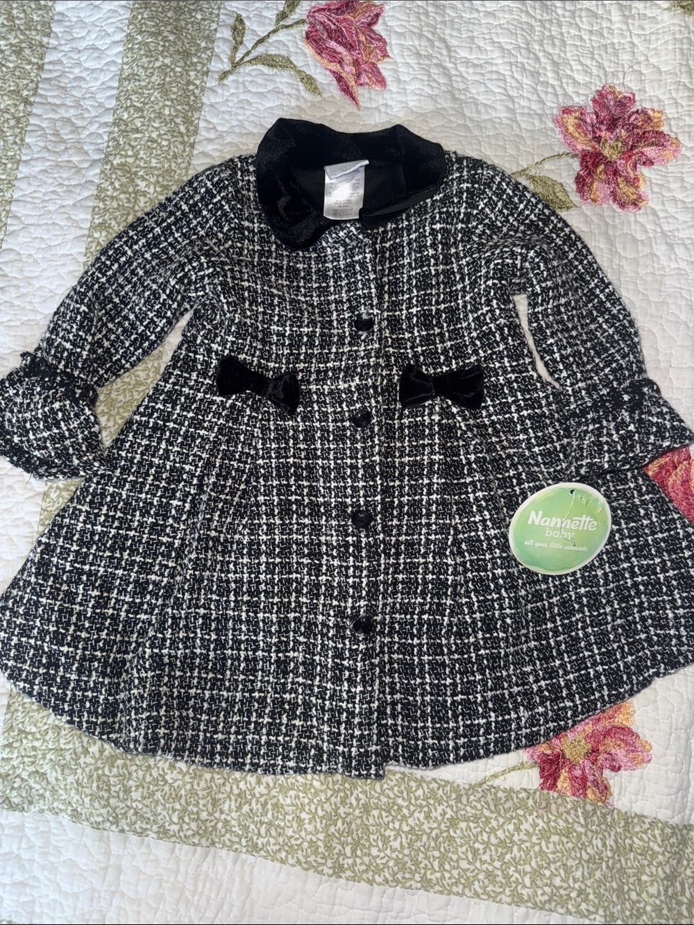 NWT Nanette Baby Black & White Tweed Peacoat with Velvet Trim